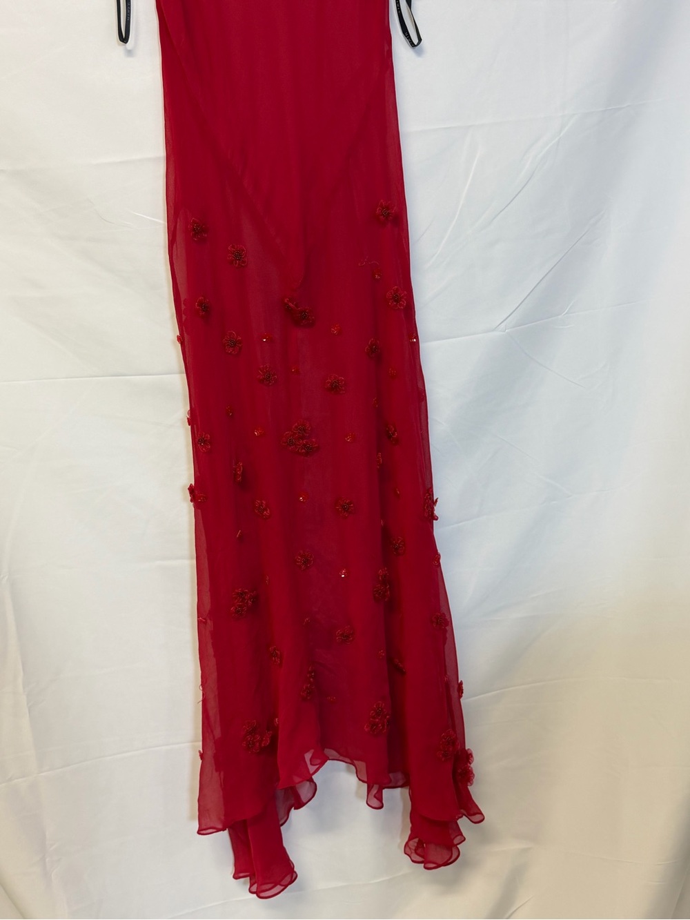 Sheer Red Floral Appliqué Midi Dress Romantic Mesh Overlay XS S NWT